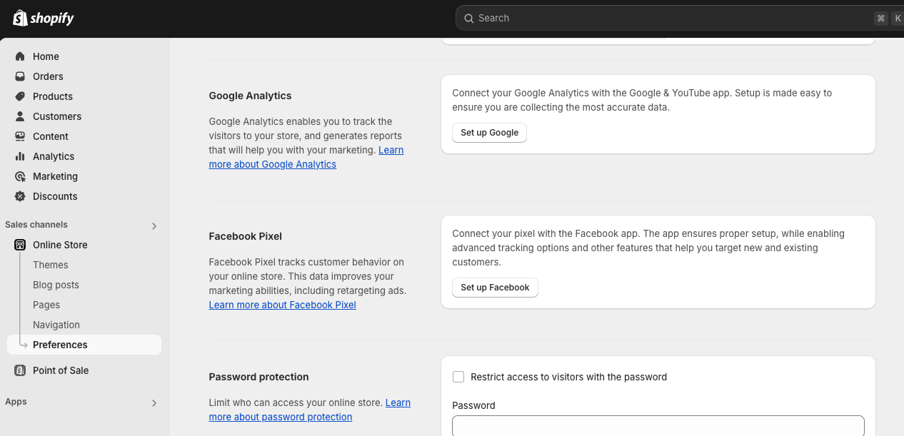 Shopify Online Store Preferences - removing password protection