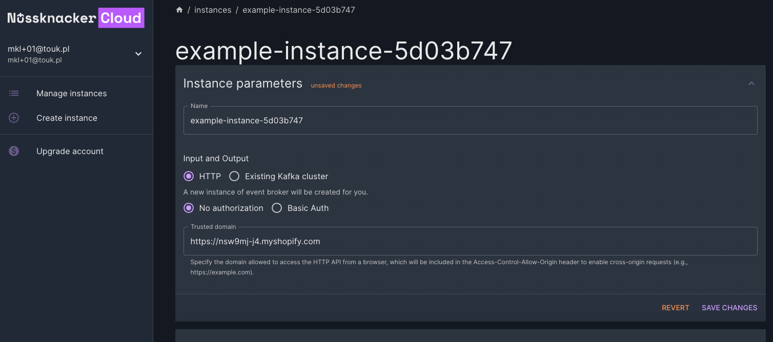 Nu Cloud - instance settings page