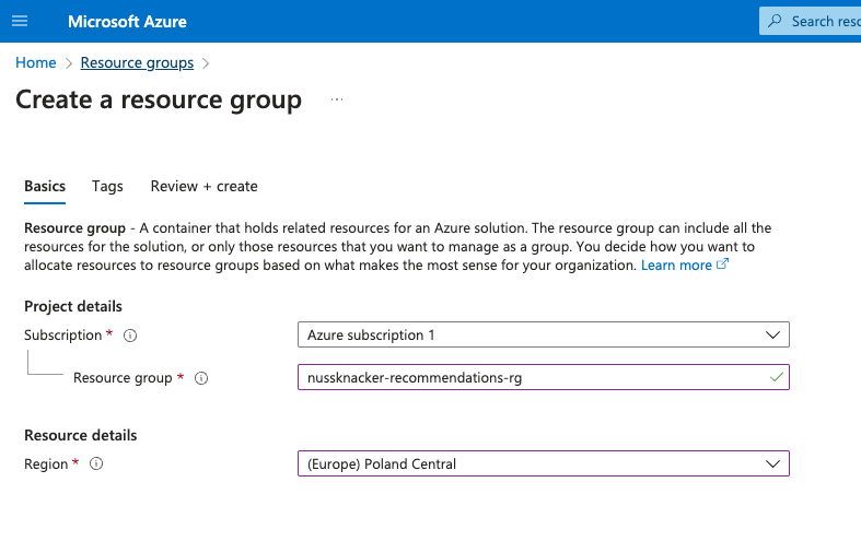 Model training - creating resource group