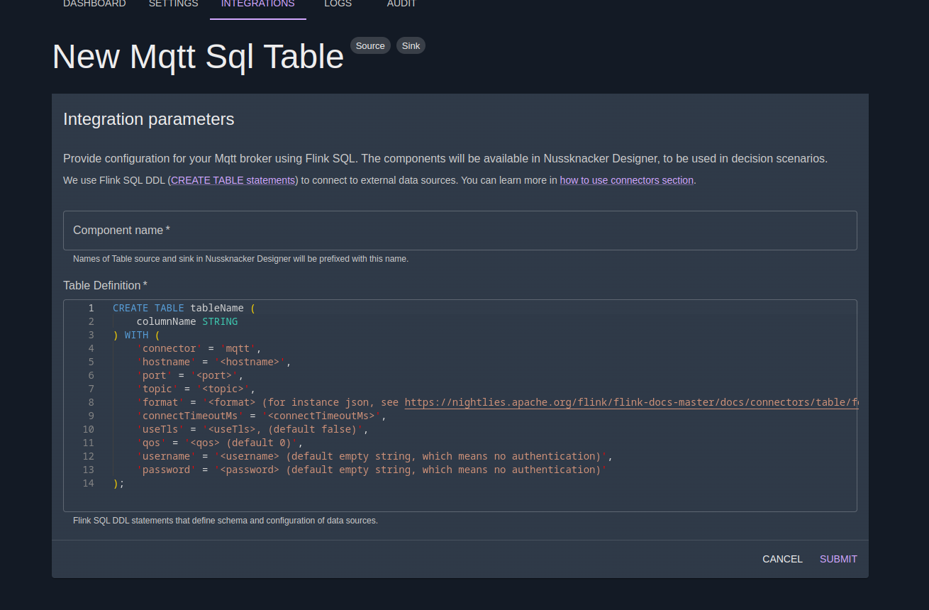 new mqtt sql table