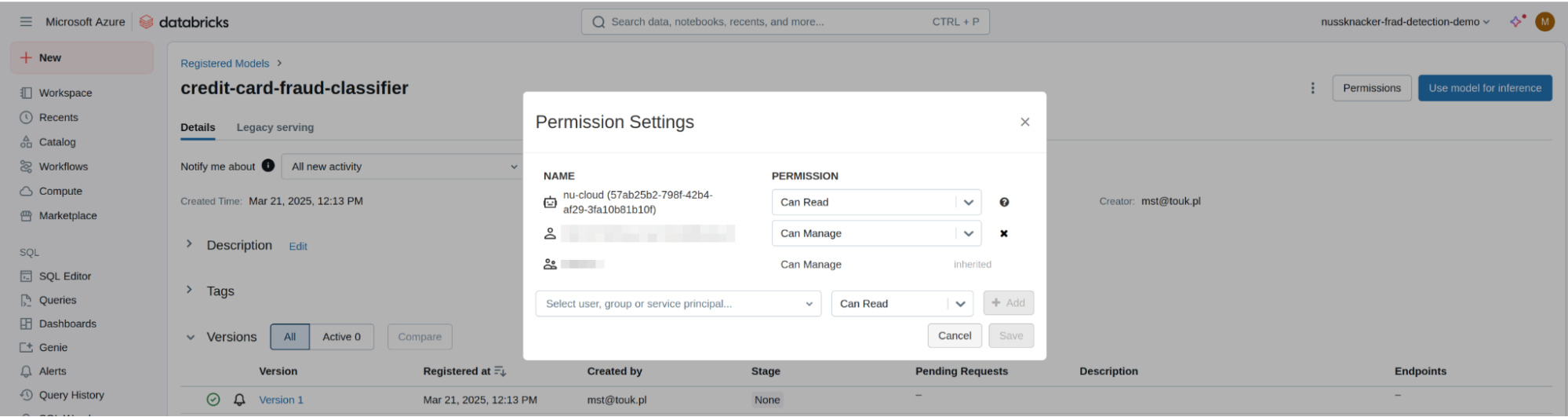 The Azure Databricks MLflow model registry and the registered ML model are now accessible for read operations from outside the Azure Databricks platform.