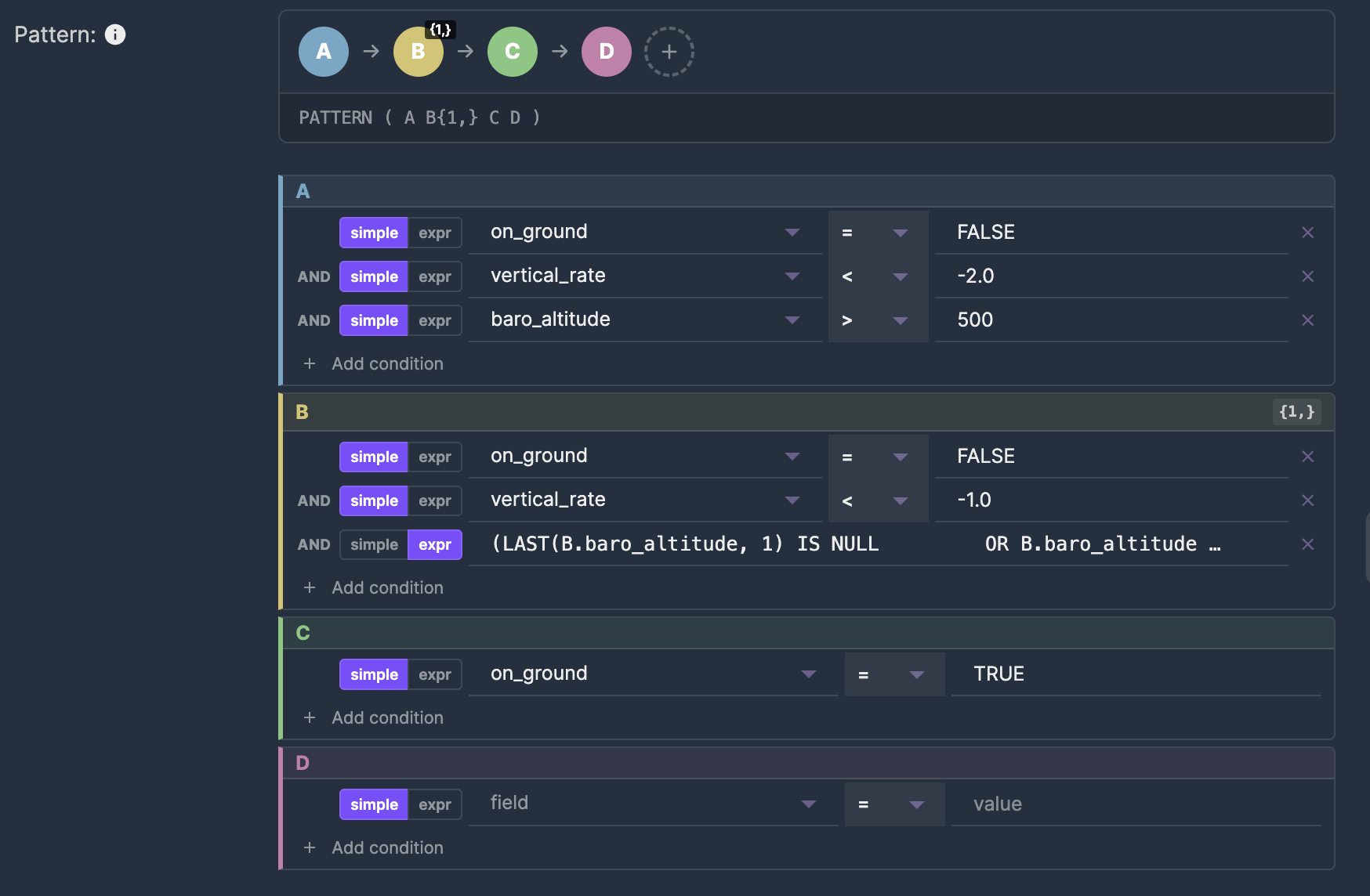 DEFINE cards showing conditions for all pattern variables