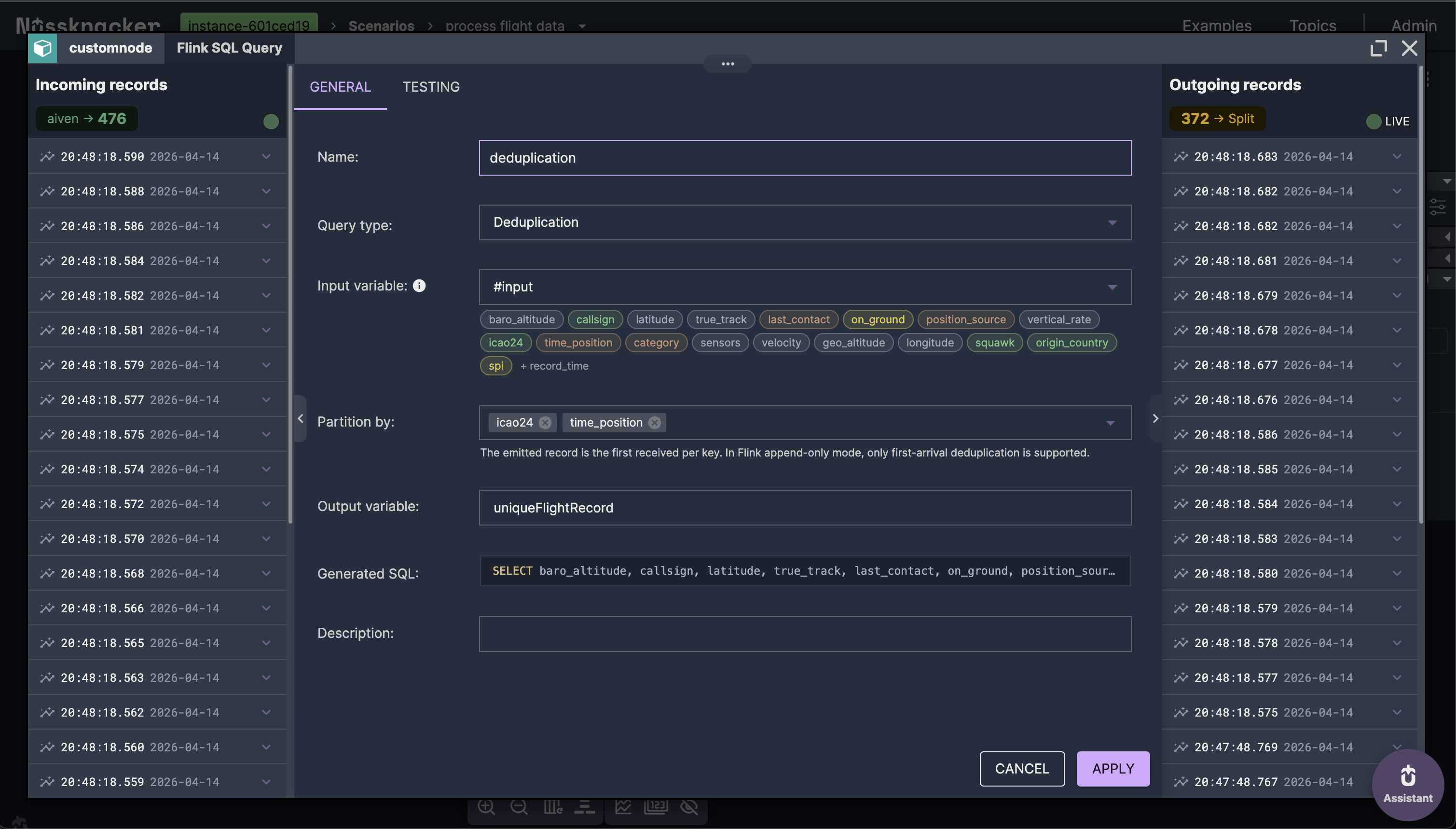 Deduplication node with live incoming and outgoing records