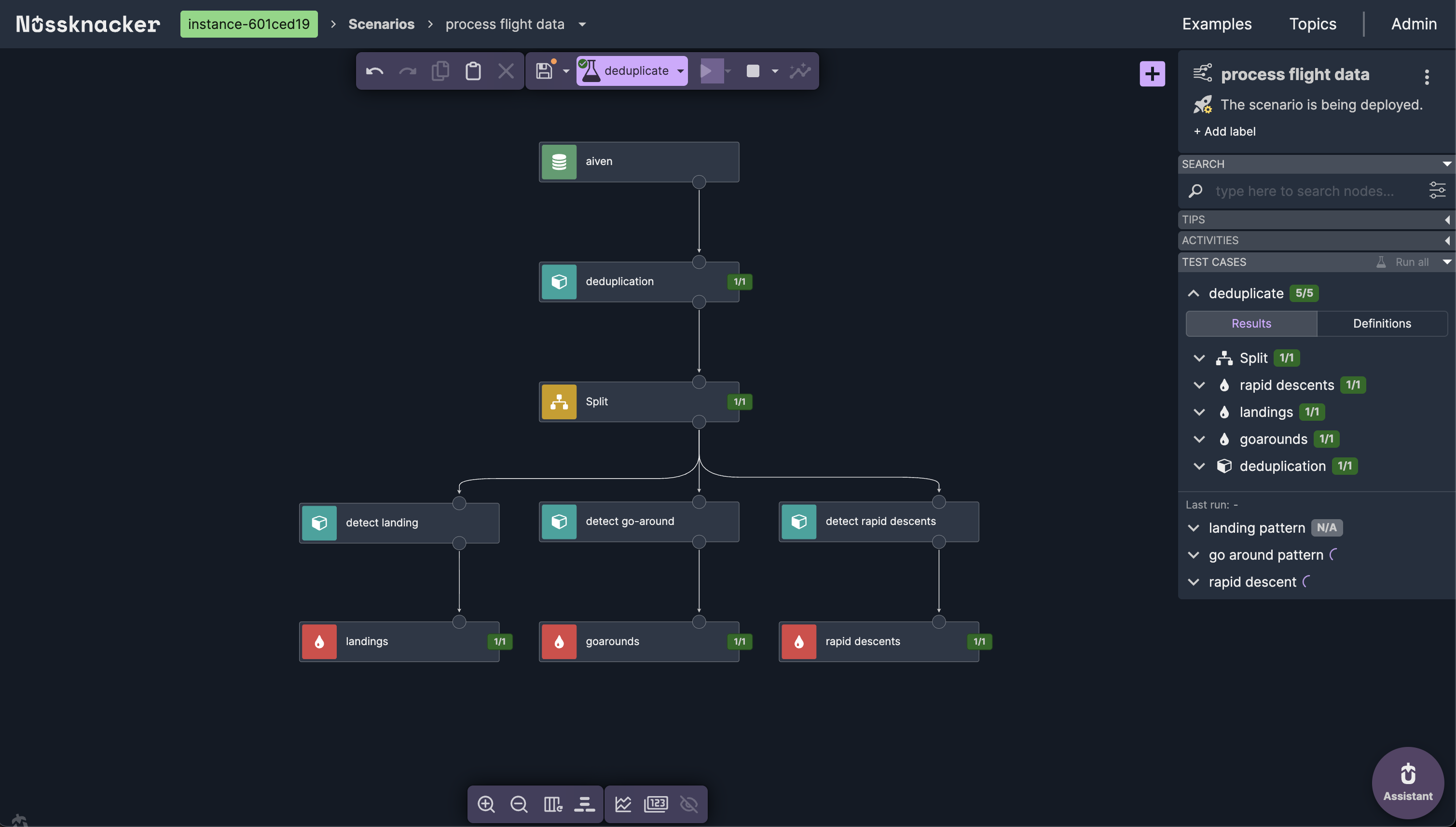 Full scenario graph with all tests passing — green badges on every node