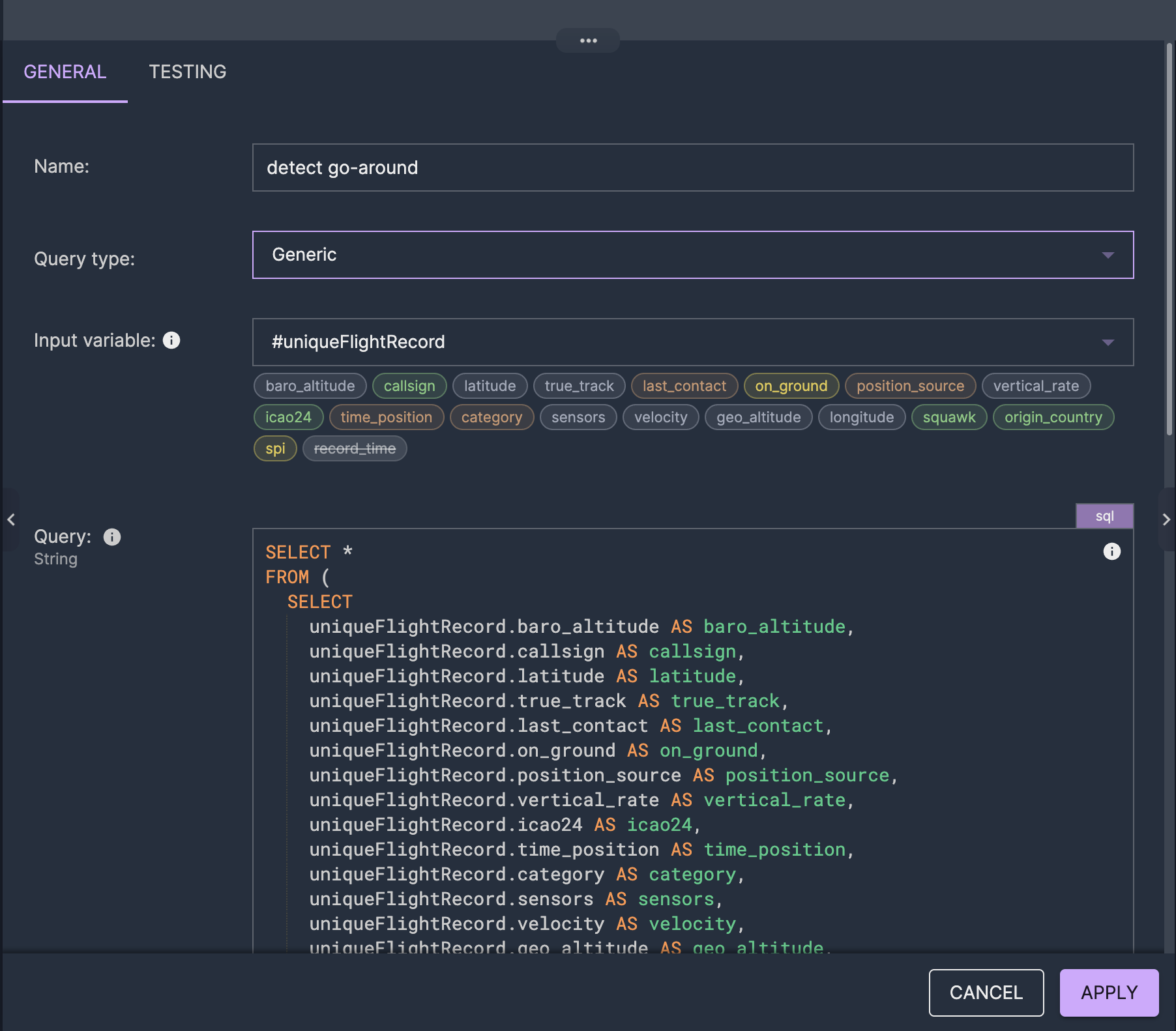 Generic query type with raw SQL editor showing the go-around MATCH_RECOGNIZE query