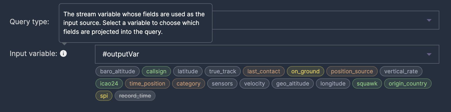 Input variable selector showing field tags