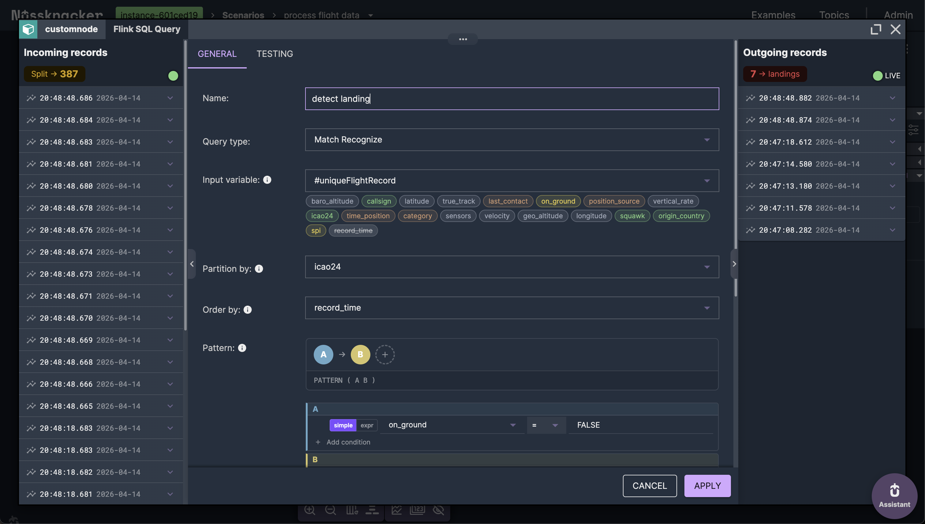 Landing detection node while deployed — live incoming and outgoing records with detected landings
