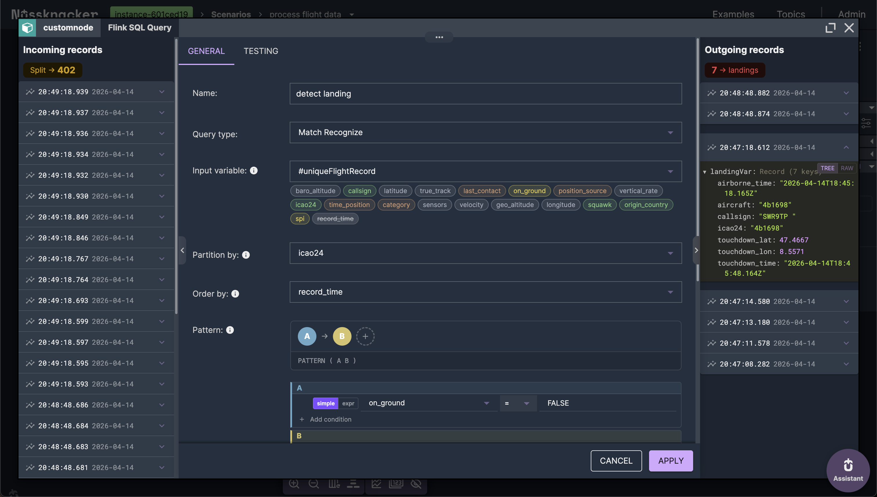 Landing detection node with live data showing a detected landing
