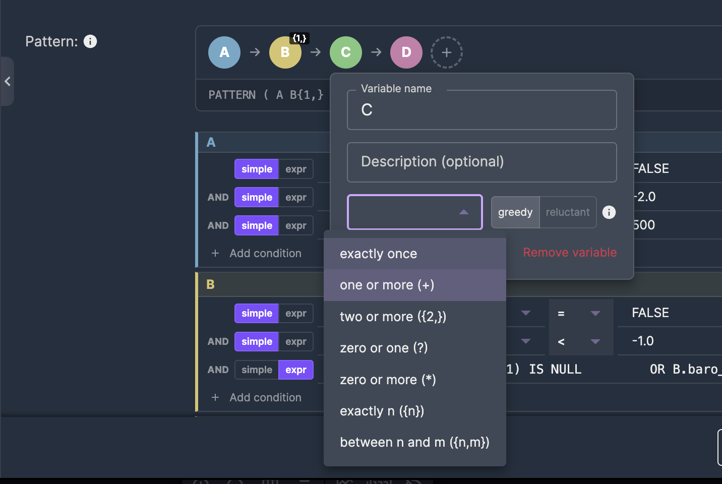 Pattern pills with quantifier dropdown and greedy/reluctant toggle