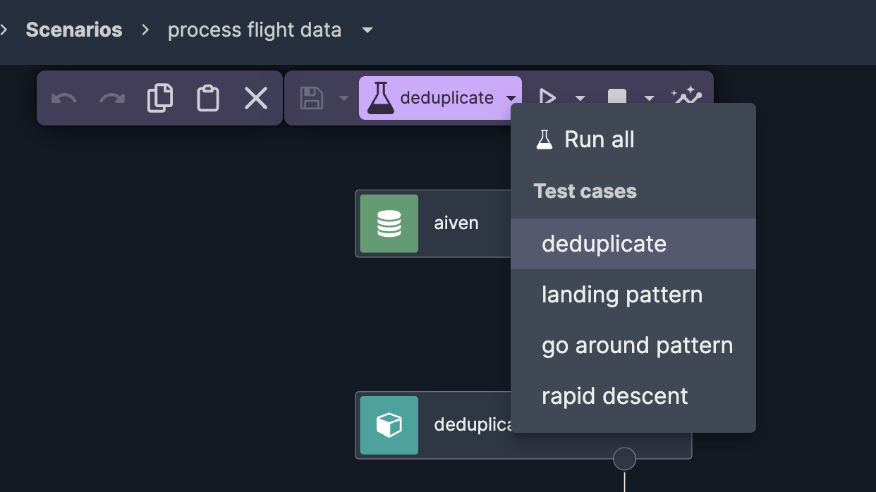Test cases dropdown showing all four test cases: deduplicate, landing pattern, go around pattern, rapid descent
