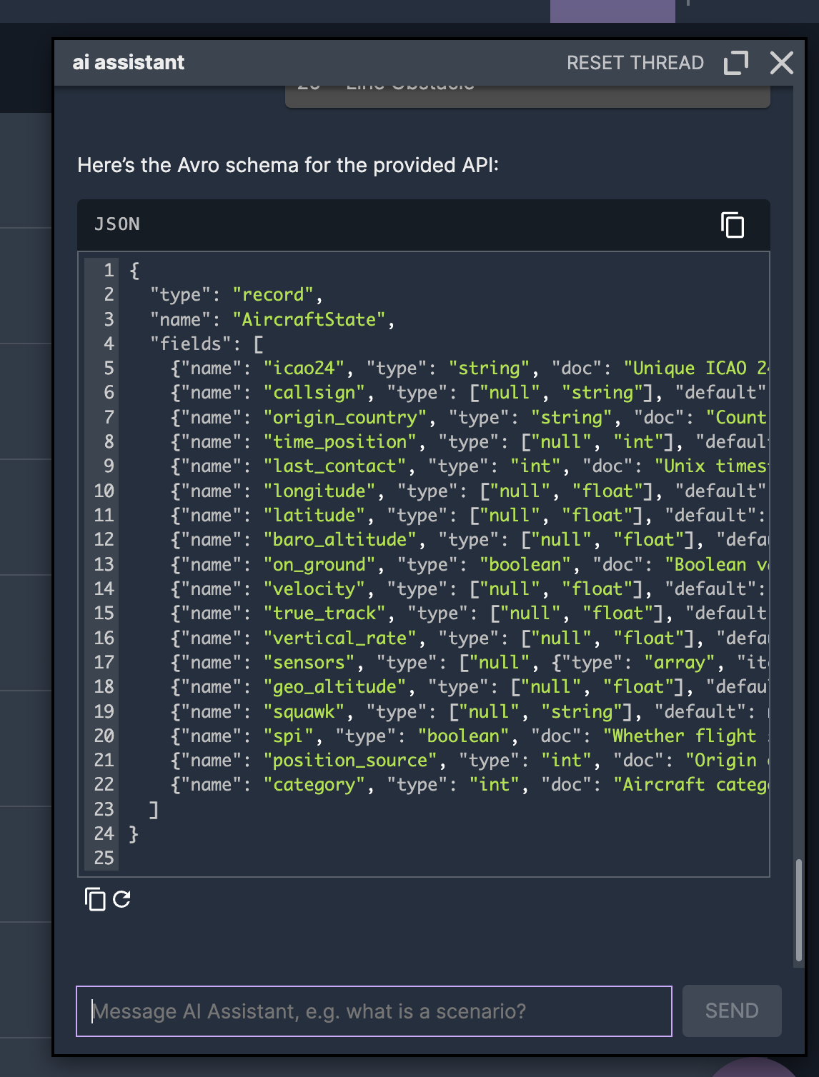 AI assistant generating Avro schema from OpenSky field descriptions
