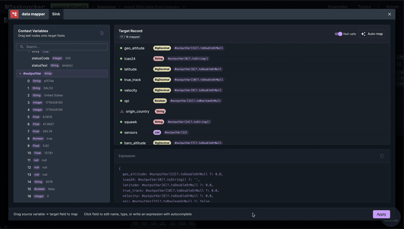 Data mapper with preview showing field mappings and actual values