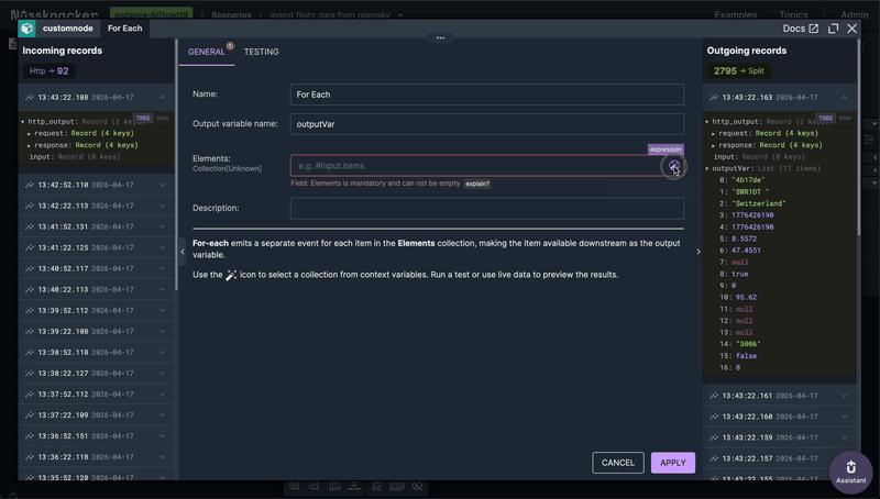 For-each node with expression picker showing states array selected