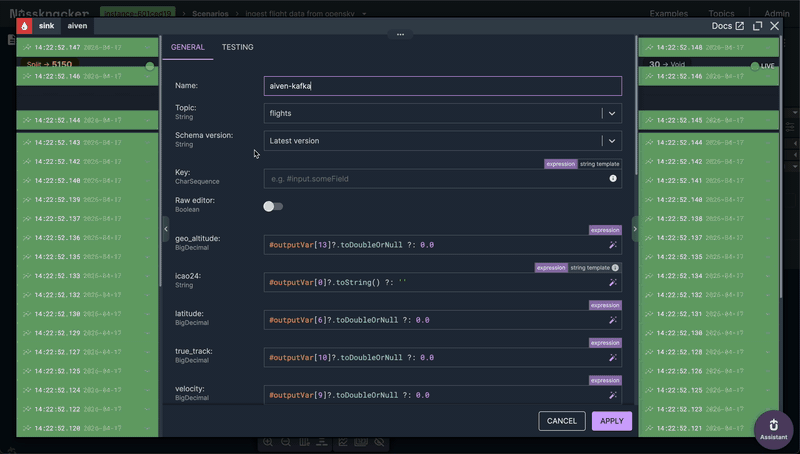 Outgoing records from Kafka sink showing live flight events