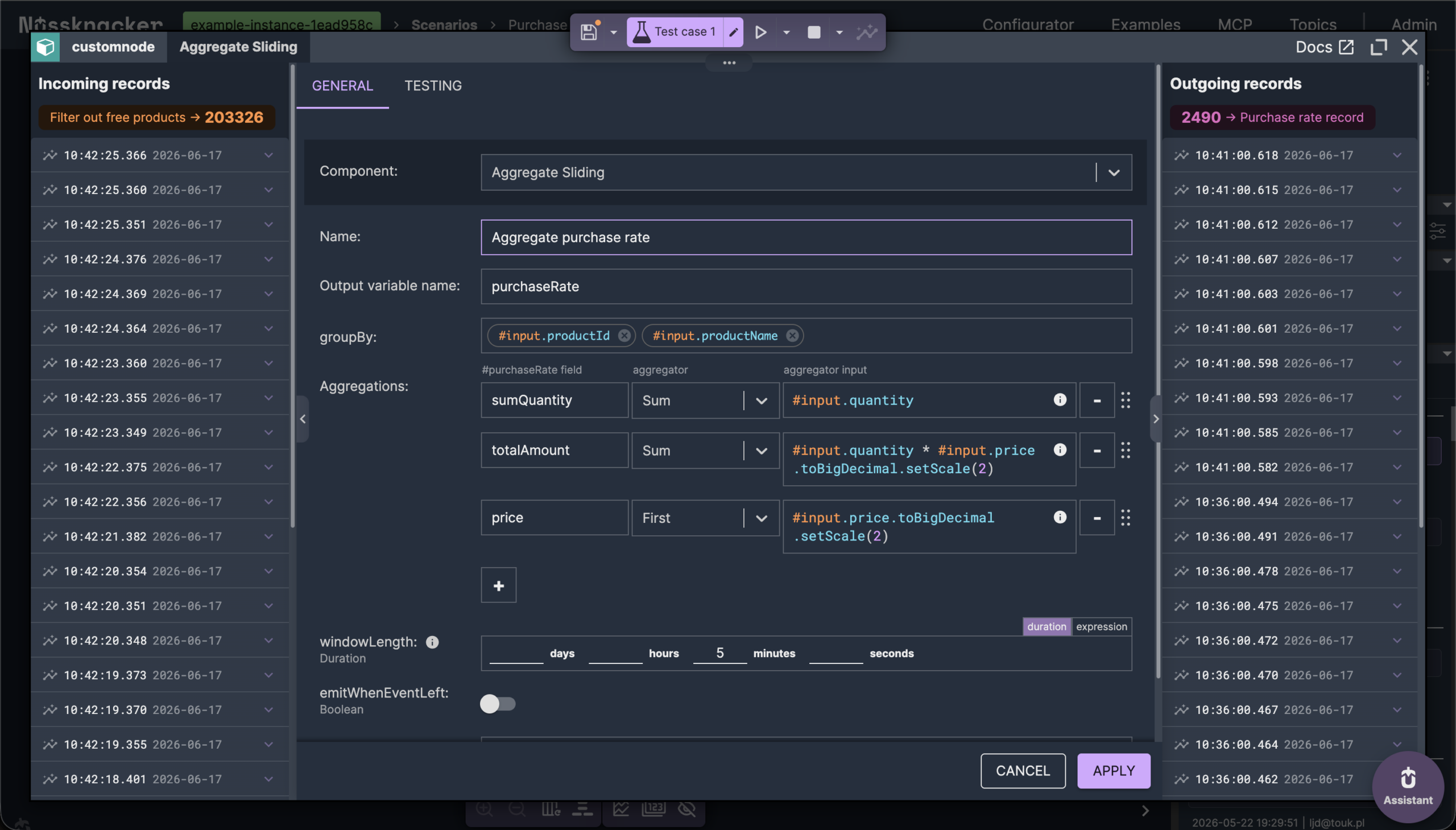 Aggregate purchase rate config: sliding window, groupBy product, sumQuantity and totalAmount