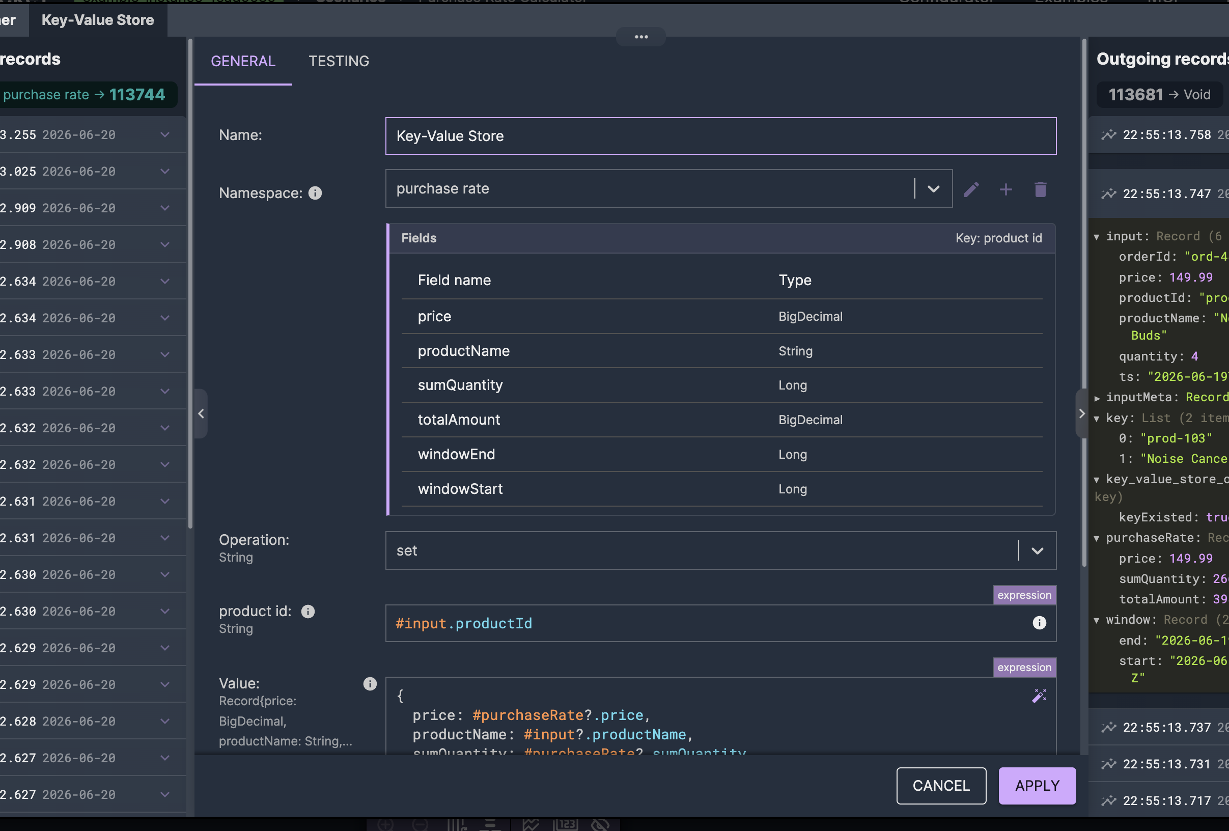 Key-Value Store node with the purchase rate namespace selected and the fields table showing the value shape