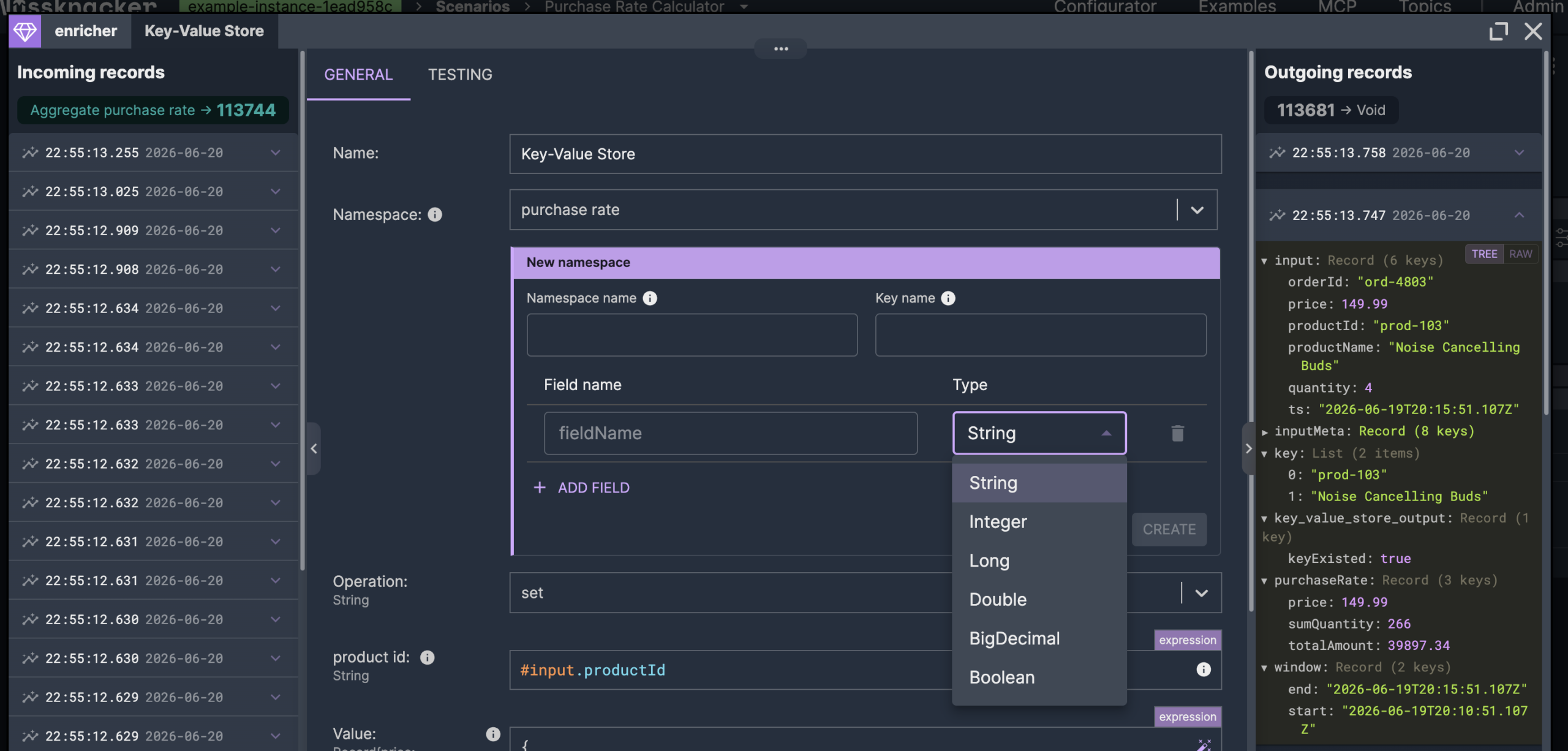 Creating a new key-value namespace with a name, key name, and typed fields