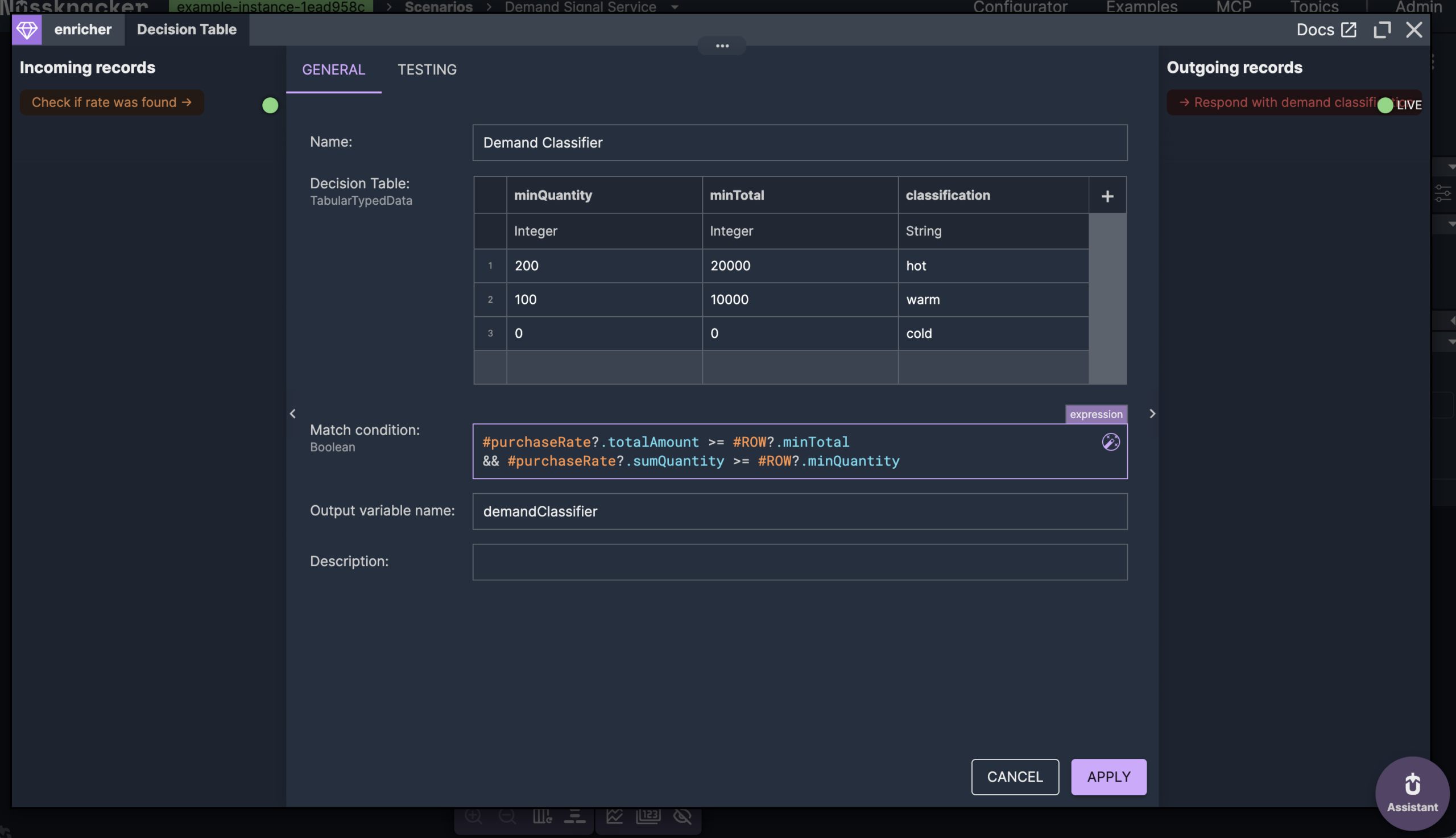 Demand Classifier decision table with minQuantity, minTotal and classification rows, and the match condition built from purchaseRate and ROW fields