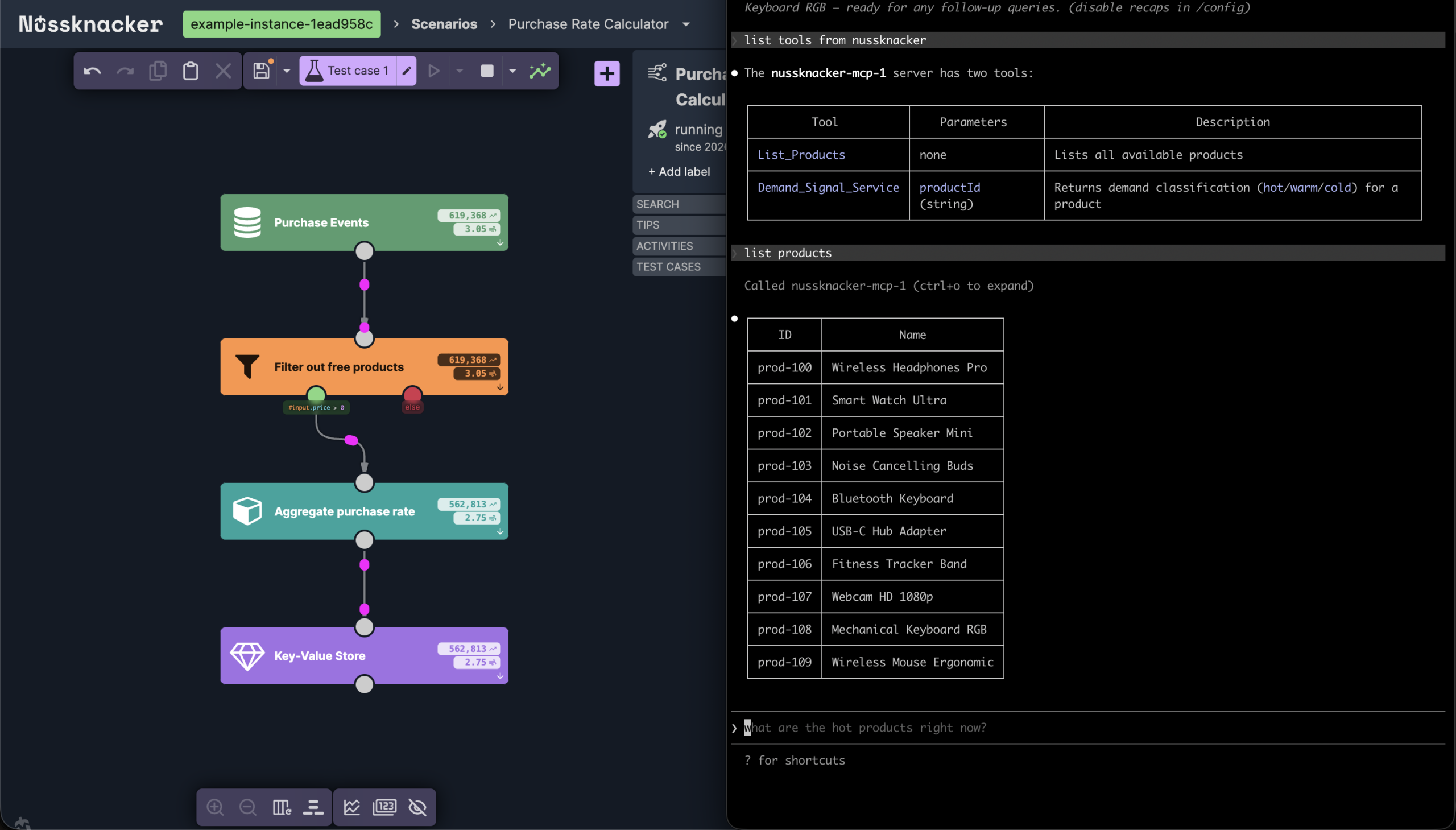 An AI agent listing the MCP tools exposed by Nussknacker, showing each tool inputs and description