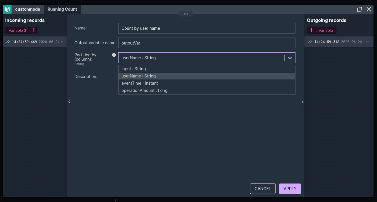 The Running Count node, Partition by (column) field open as a dropdown showing options like var1 : String and input : Record