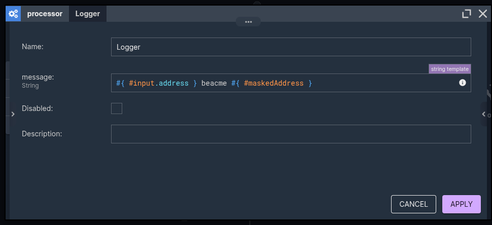 A logger node after Mask, expression #input.address resolving to String, plus #maskedAddress from the Mask node, both available