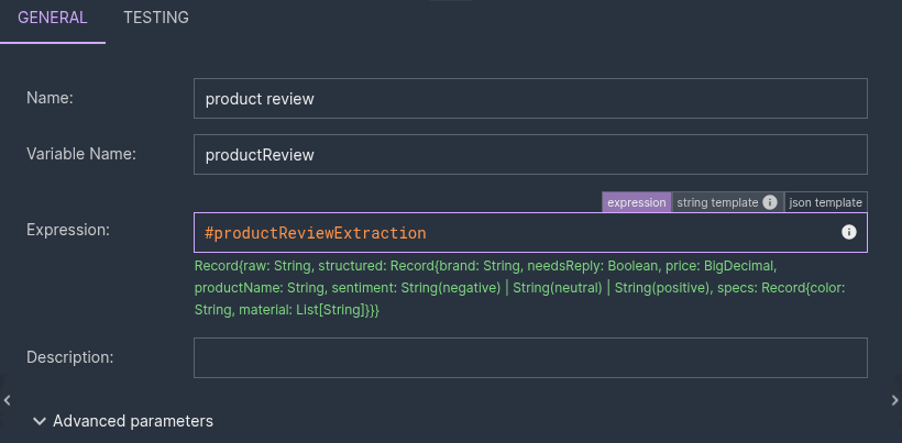 Typing #productReviewExtraction in an expression editor: the editor suggests raw and structured, then the schema fields with their types, completing structured.sentiment as String(negative) | String(neutral) | String(positive)