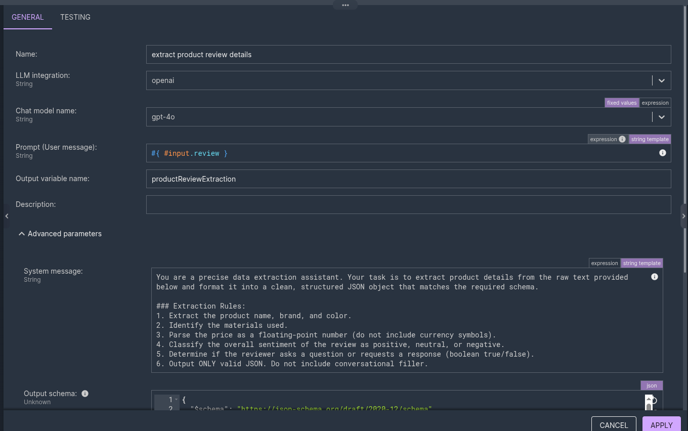 The LLM Chat enricher: a system message with the extraction rules, the user-message prompt bound to #input.review, and the ProductReview JSON Schema in the Output schema parameter