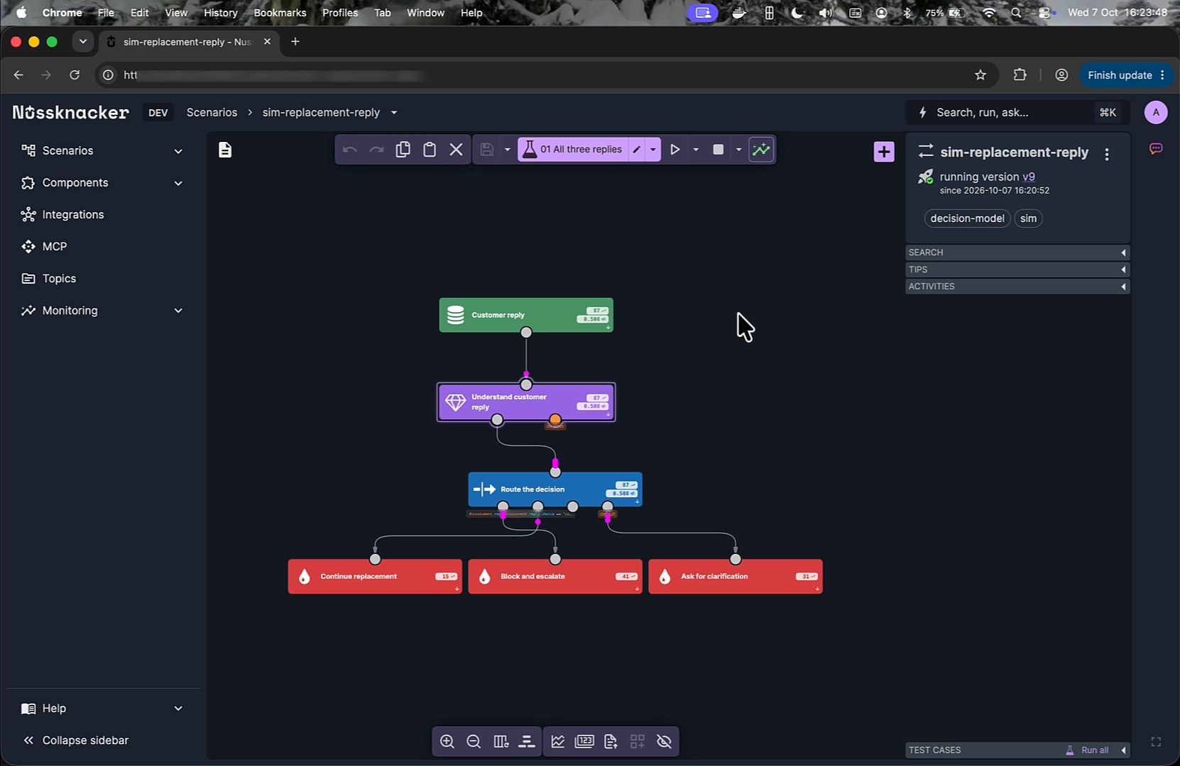 Nussknacker scenario with a Decision Model component classifying customer replies and routing them to three outcomes.