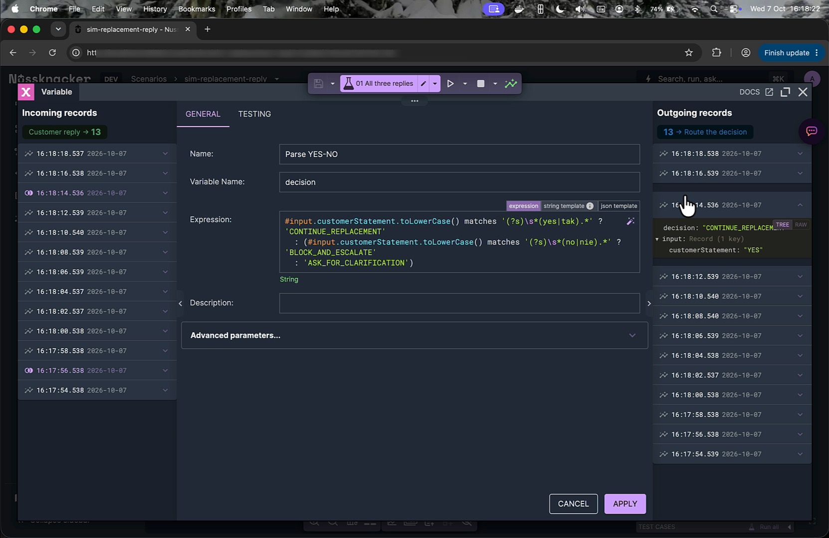 Regex-based YES/NO parsing of customer replies in a Nussknacker Variable node.