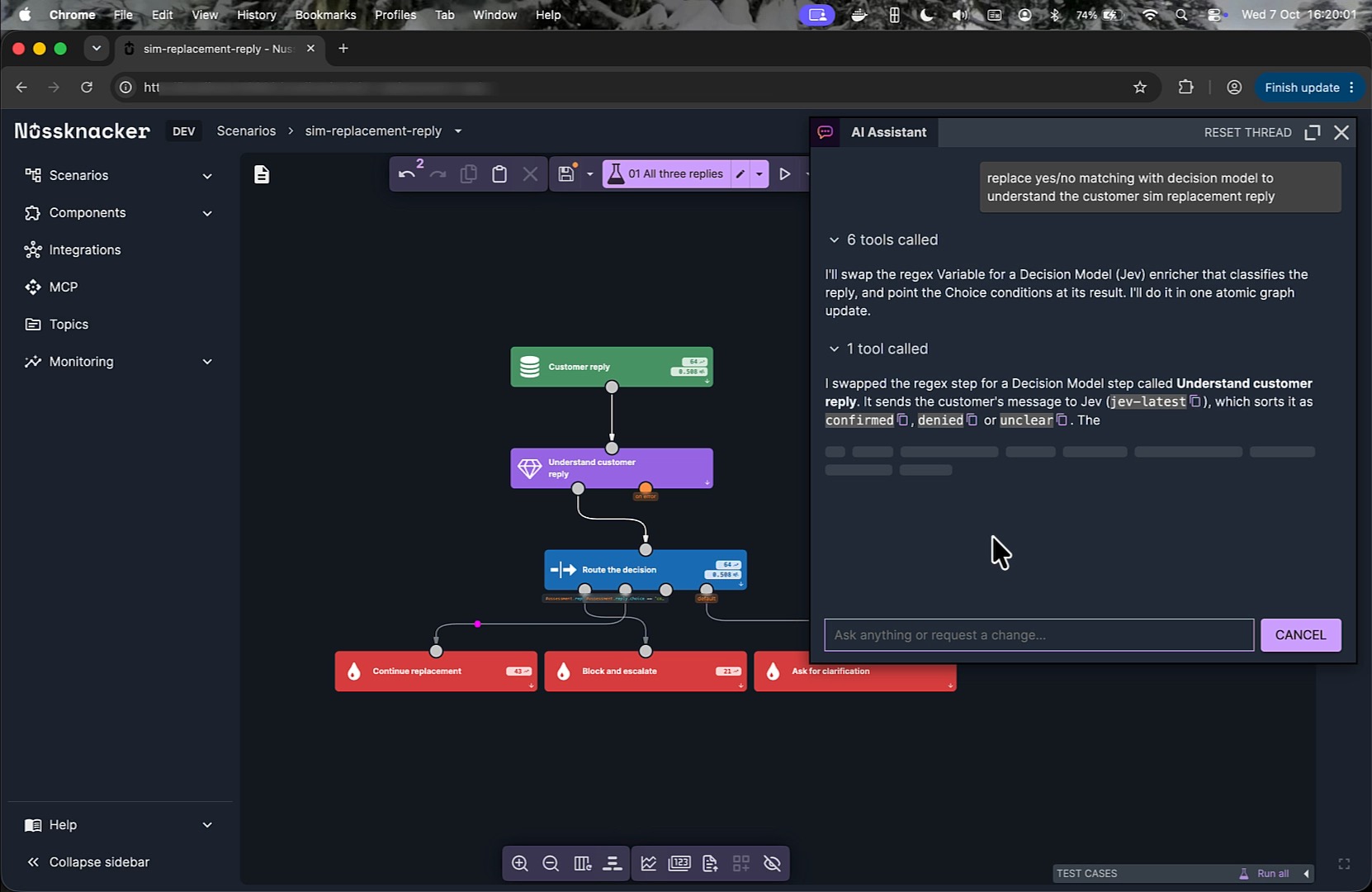Nu Assistant replacing regex parsing with a Decision Model node in Nussknacker.