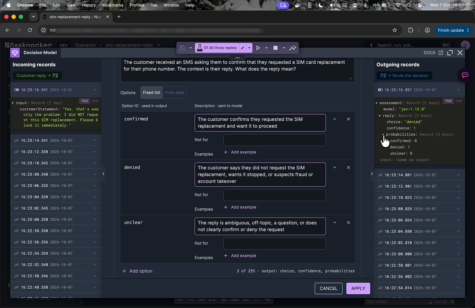 Typed Decision Model output with choice, confidence and probabilities inspected on live data in Nussknacker.